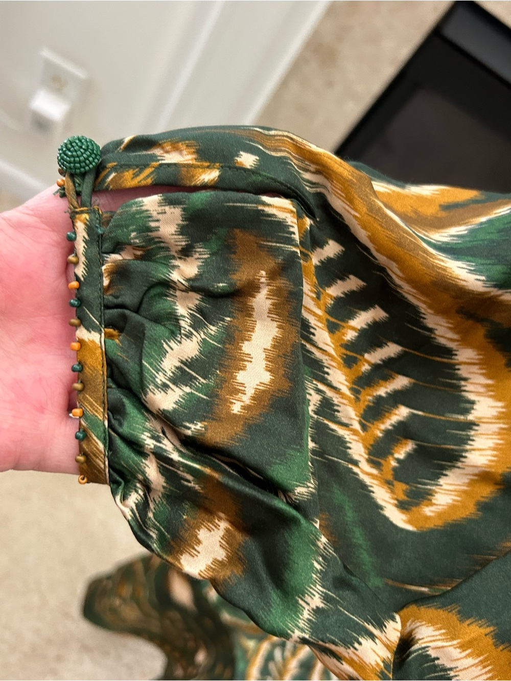 FARM Rio Pineapple Ikat Asymmetric Emerald & Gold Printed Long-Sleeve Wrap Dress - Picture 10 of 16